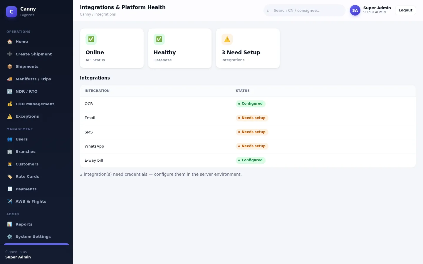 Integrations and platform health page showing API and database status and which integrations are configured or need setup