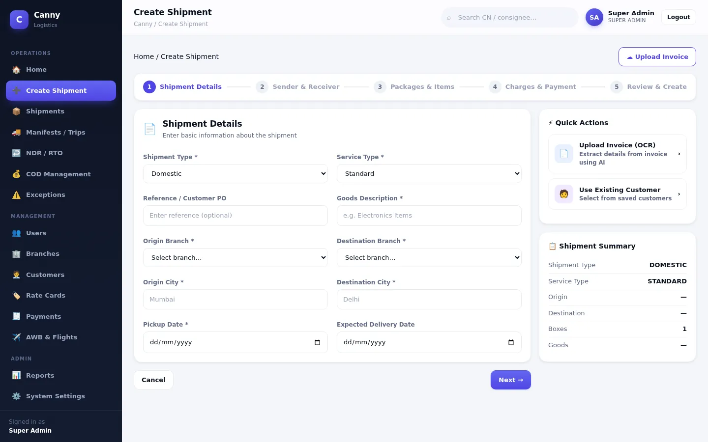 Five-step Create Shipment wizard showing shipment details form and a live summary