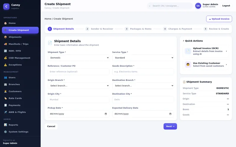 Create Shipment form, step 1 of 5: shipment and service type, branches, cities and dates