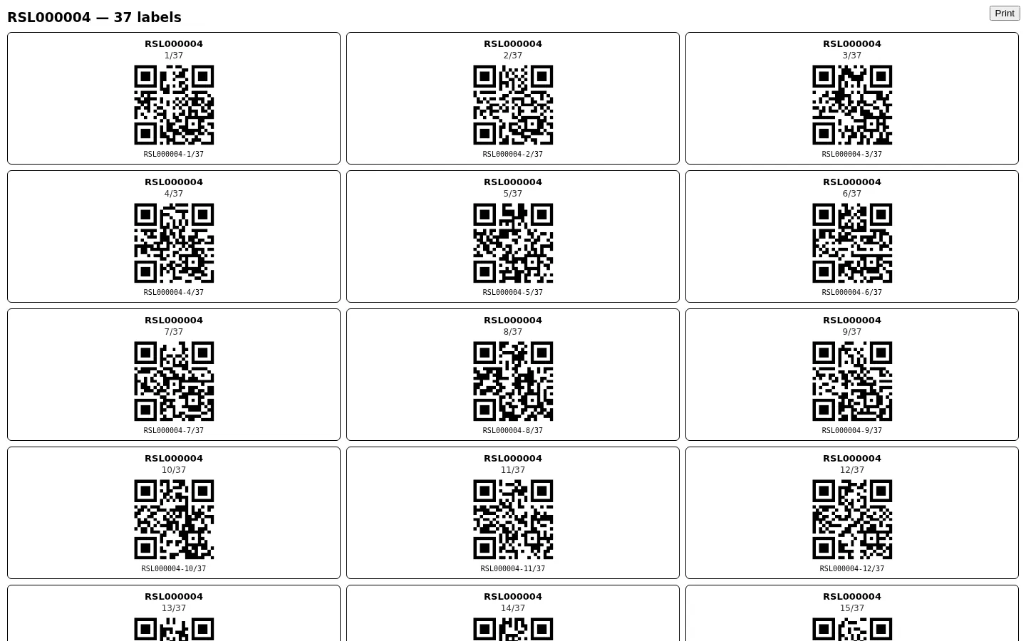 Print preview of QR labels, three per row, each with CN number, box sequence like 1/37 and box code