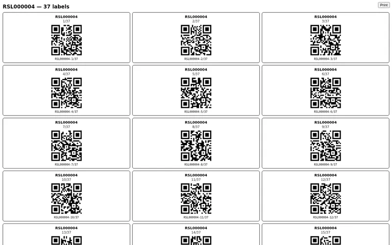 Printable sheet of QR box labels, each showing CN number, box sequence and box code