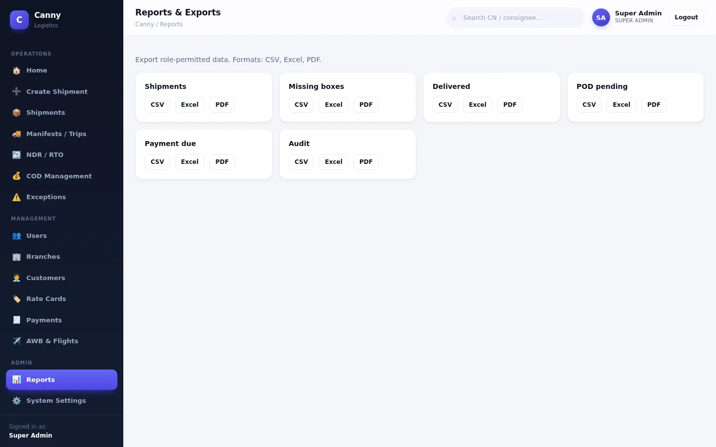 Reports and exports page with shipments, missing boxes, delivered, POD pending, payment due and audit reports in CSV, Excel and PDF