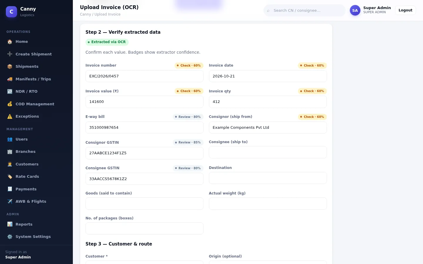 Invoice verification screen: fields extracted by the built-in OCR with confidence badges, some left blank for the operator