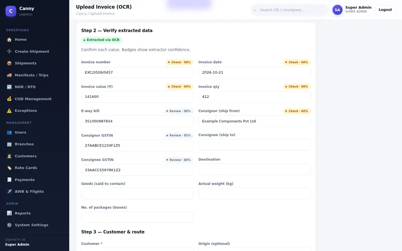 Verify extracted data screen with invoice fields and confidence badges